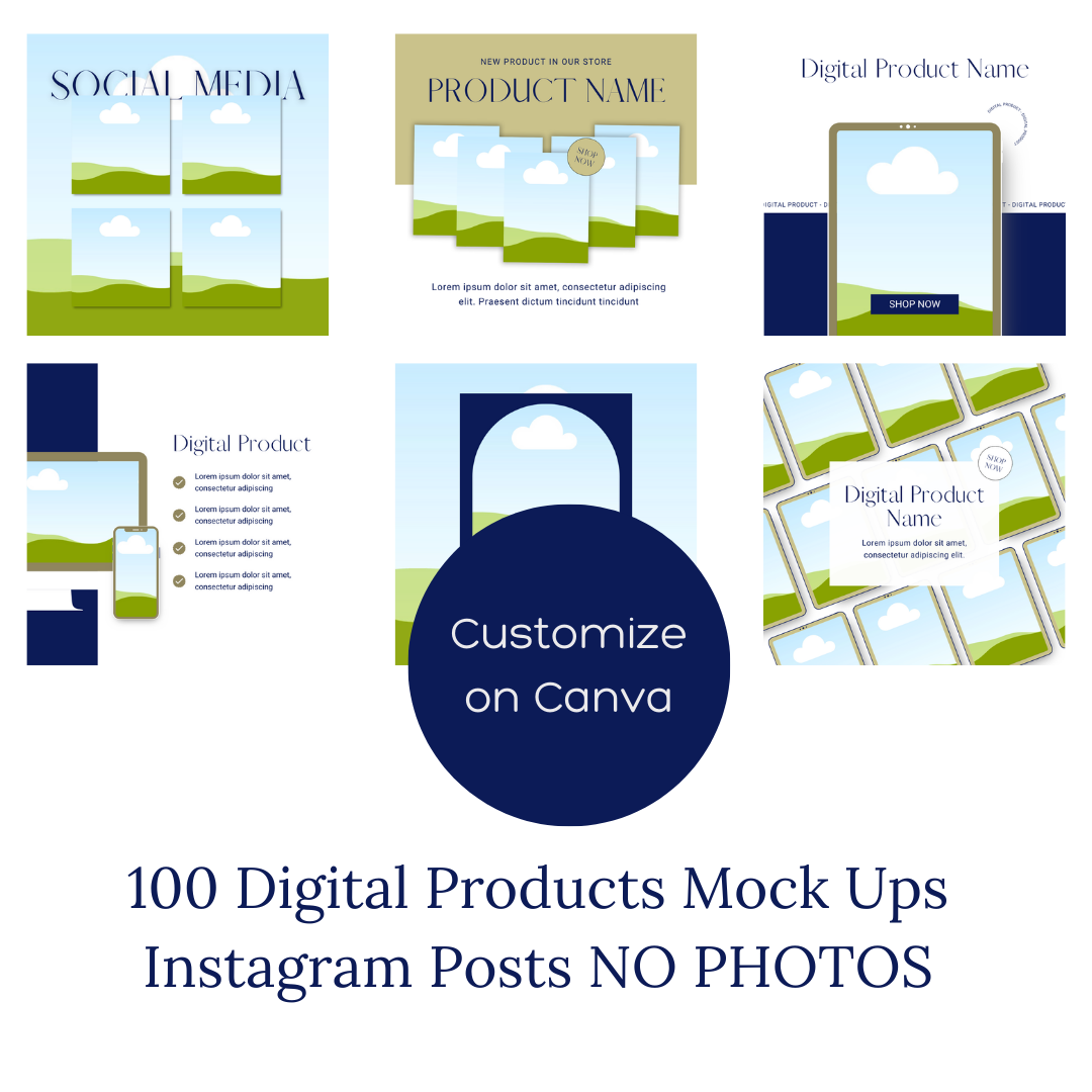 100 Digital Product Mock-Up Instagram Templates – No Photos, Canva-Editable
