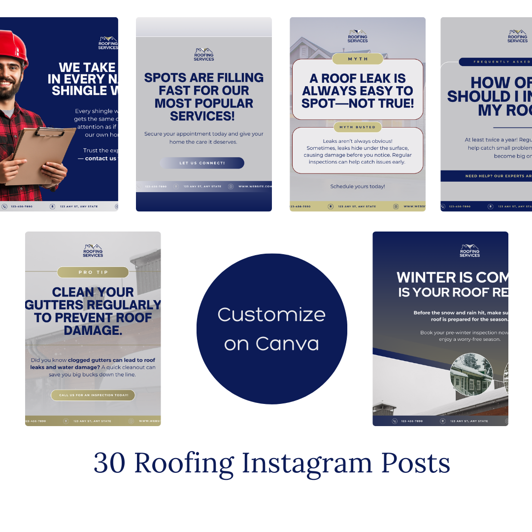 Roofing Social Media Post Templates – 30 Editable Canva Graphics for Roofers