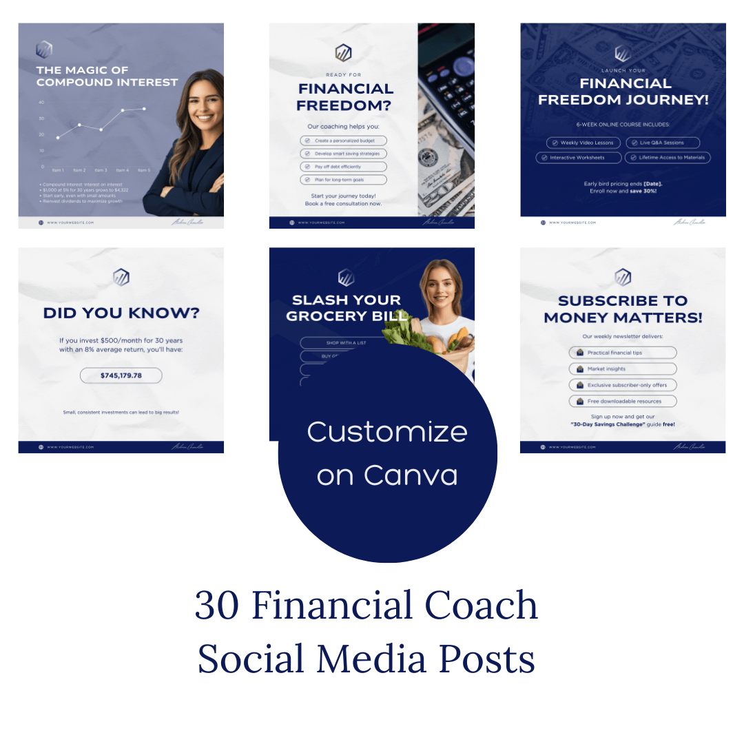 Financial Coach Social Media Templates | 30 Editable Canva Posts - The Simple Marketing Shop