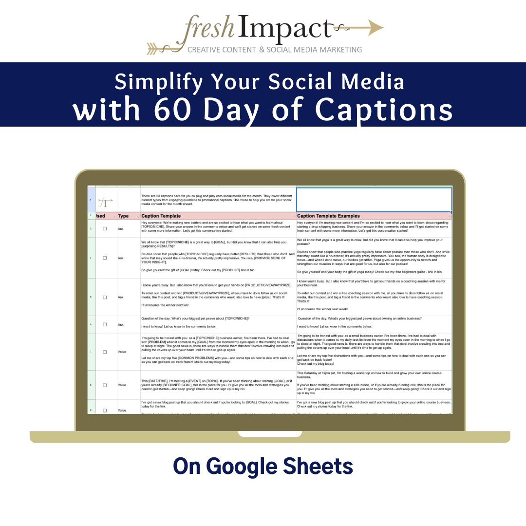 60 Days of Social Media Captions | Google Sheets Template - The Simple Marketing Shop